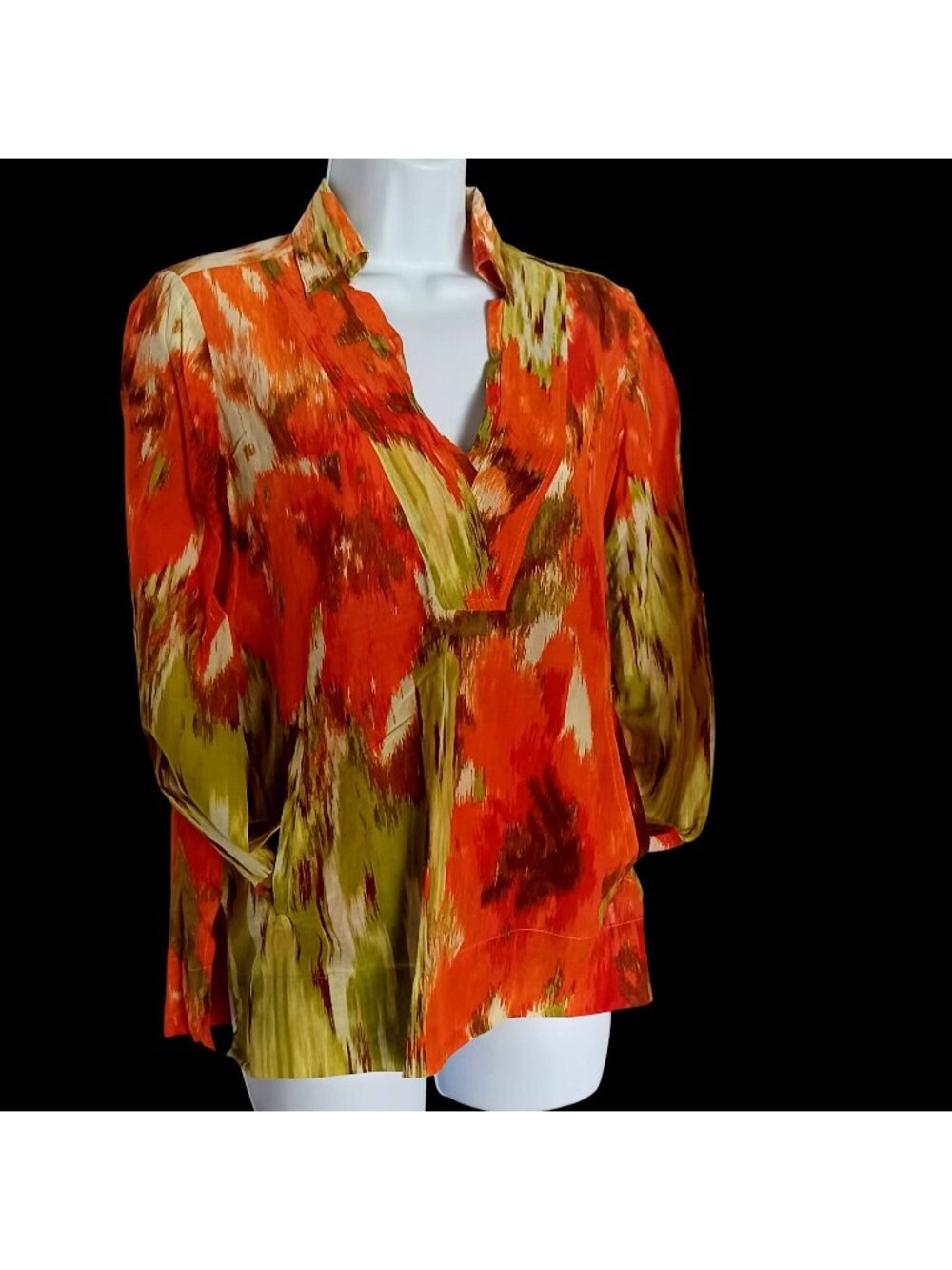 Talbots Tunic Blouse Cotton Silk Abstract Watercolor Orange Green V-Neck Wms 10P